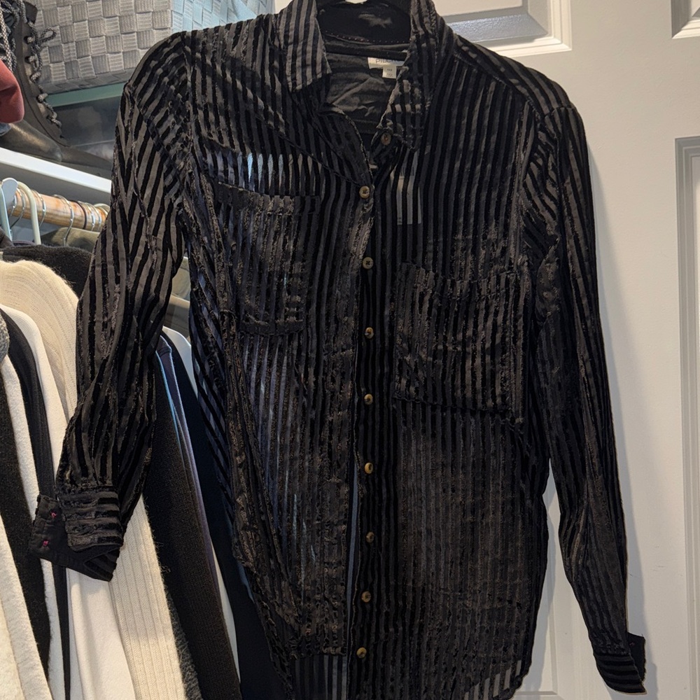 NWT pilcro sheer velvet Black Striped Button-Up Shirt xxs